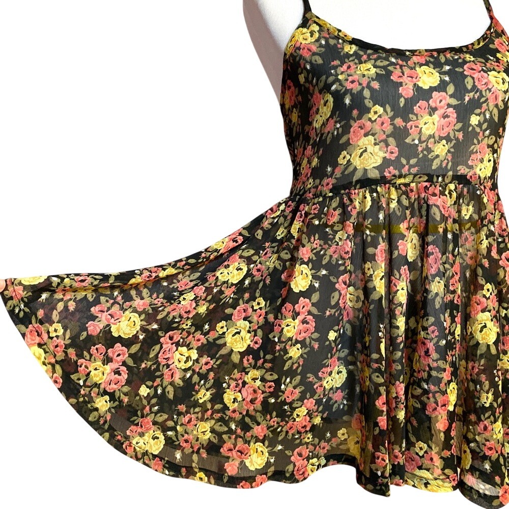 Frenchi Black Pink Yellow Floral Chiffon Mini Dress Sleeveless Empire Waist S